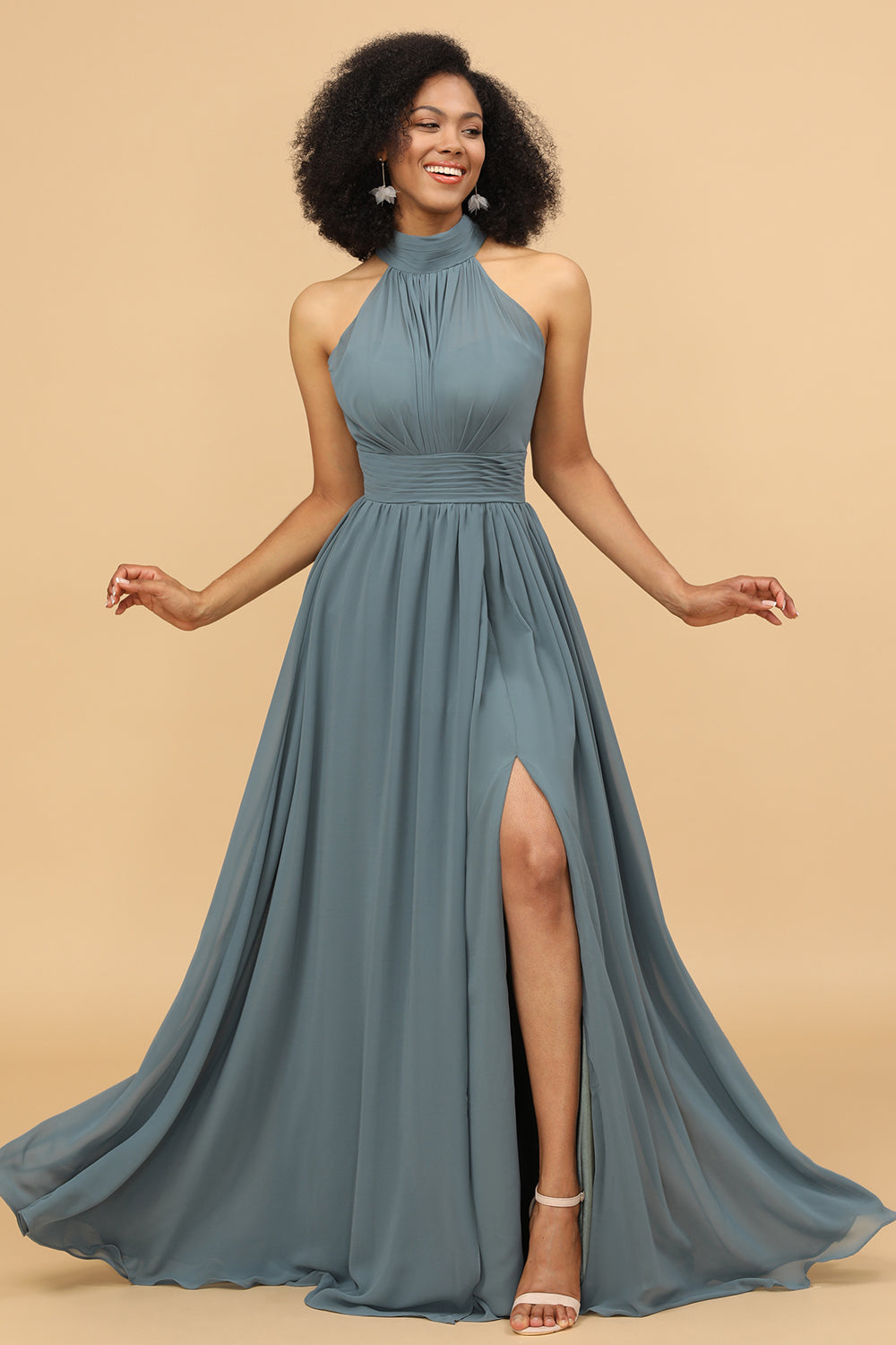 Grey Halter Neck Long Bridesmaid Dress