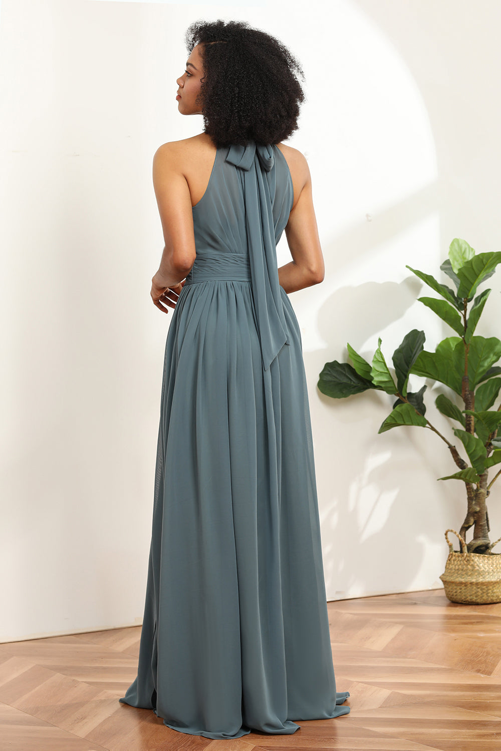 Grey Halter Neck Long Bridesmaid Dress