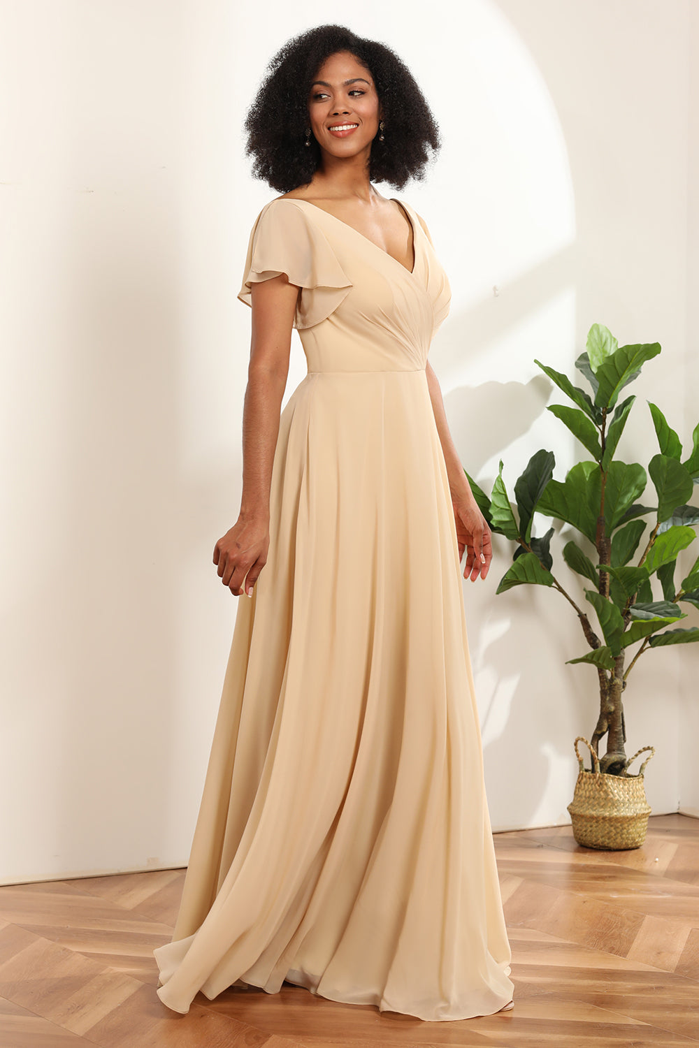 Champagne Cap Sleeves Long Chiffon Bridesmaid Dress