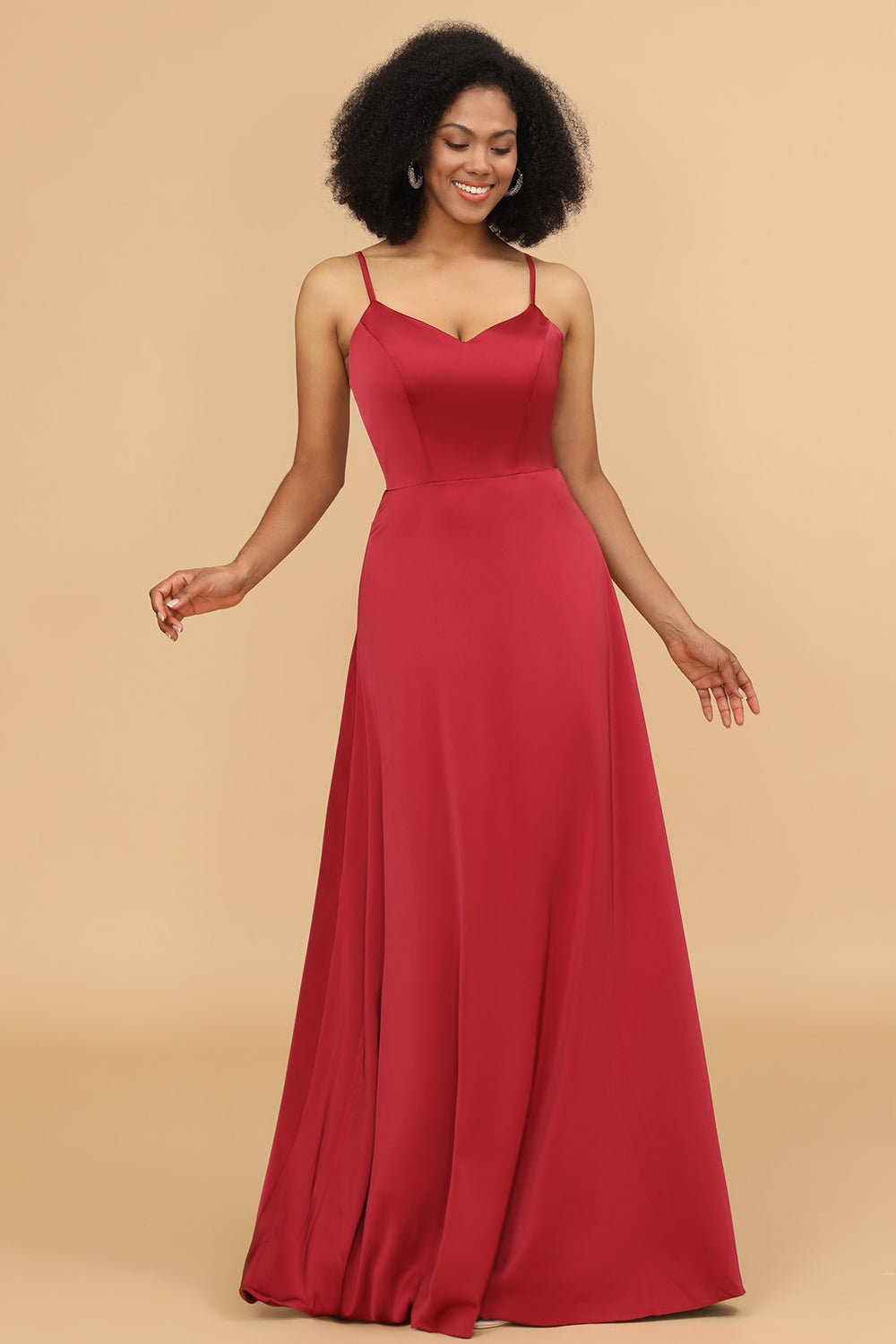 Spaghetti Straps Red Satin Bridesmaid Dress