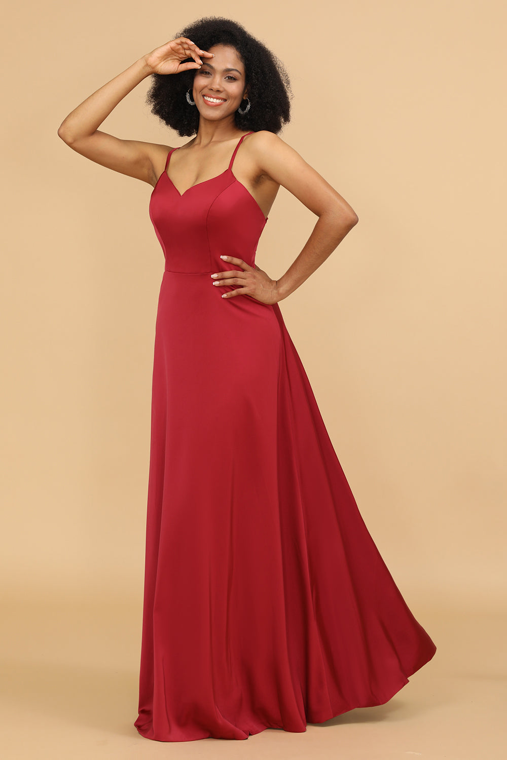 Spaghetti Straps Red Satin Bridesmaid Dress