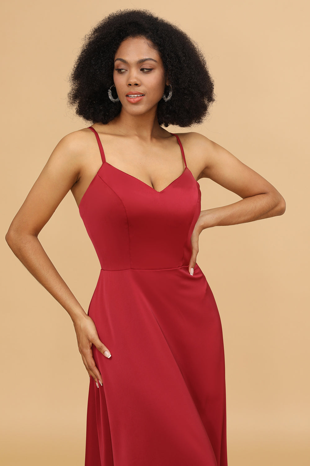 Spaghetti Straps Red Satin Bridesmaid Dress