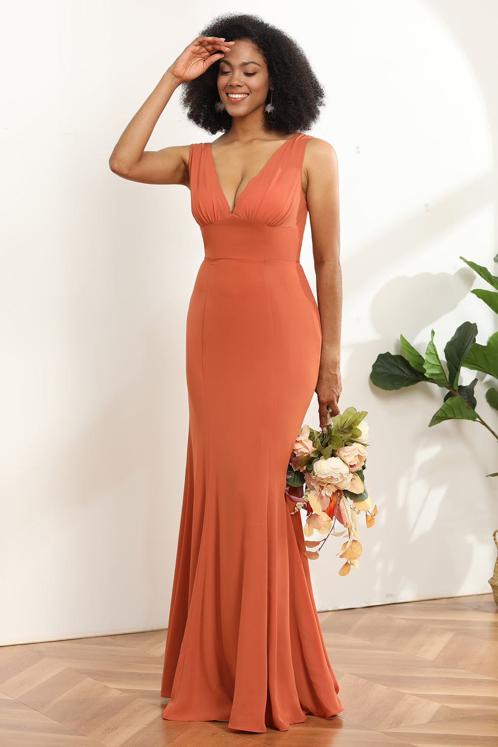 Mermaid V neck Sunset Chiffon Bridesmaid Dress