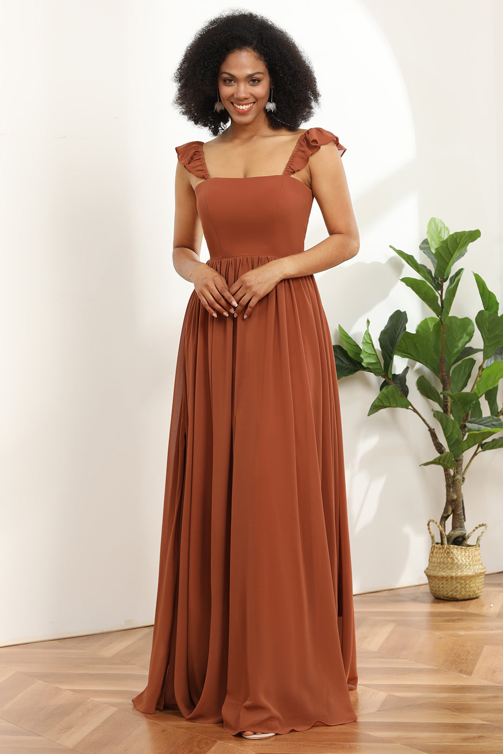 Terracotta Chiffon A-Line Floor Length Bridesmaid Dress With Ruffles