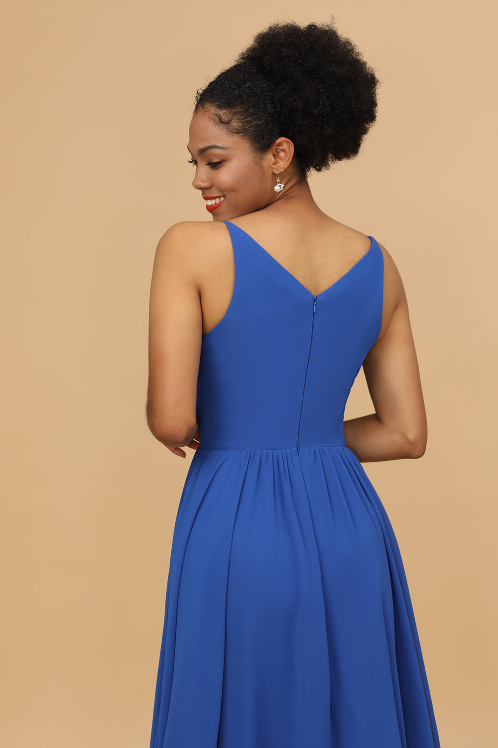 V-neck Royal Blue Ankle-Length Chiffon Bridesmaid Dress