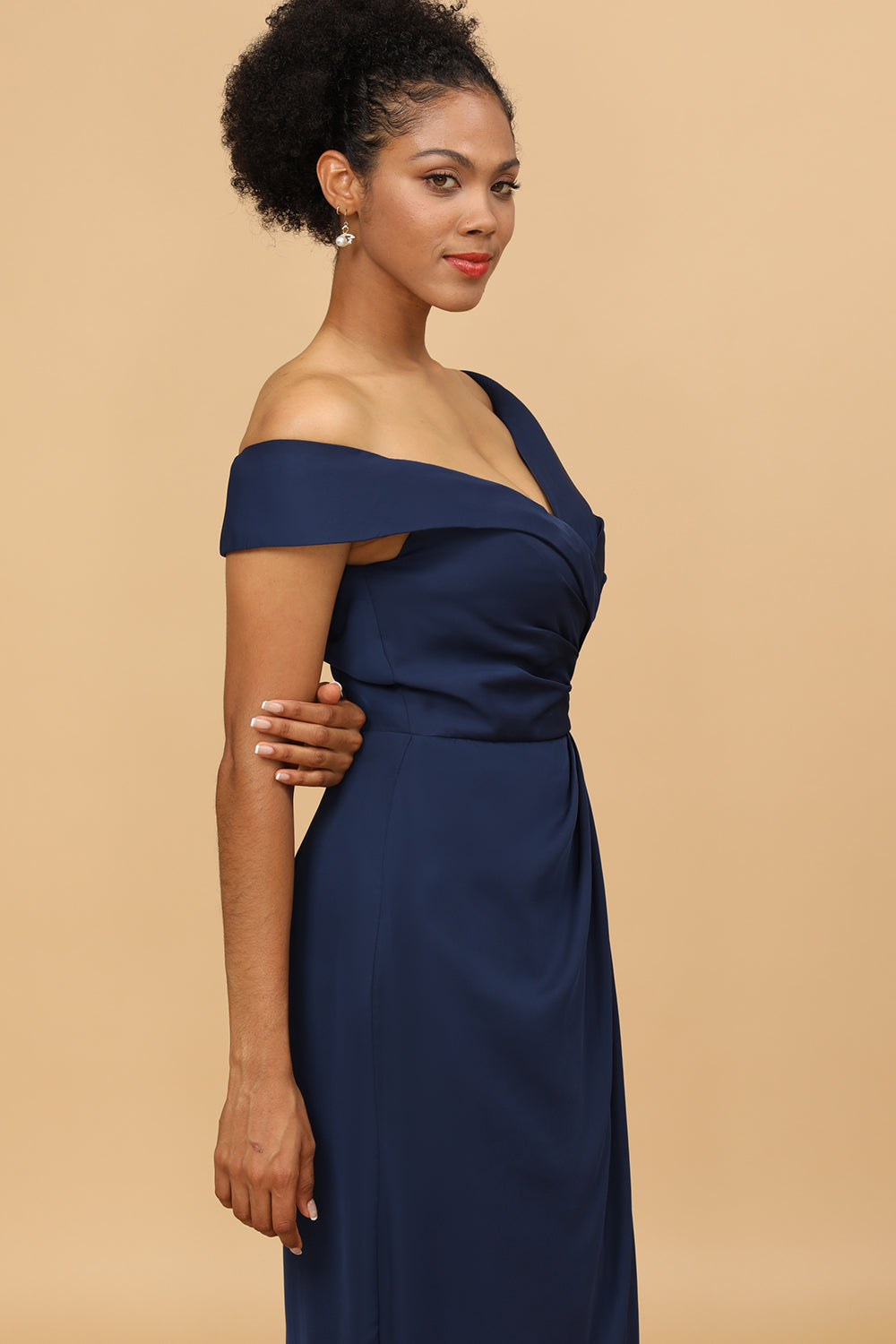 Off-the-Shoulder Navy Asymmetrical Satin Bridesmaid Dress