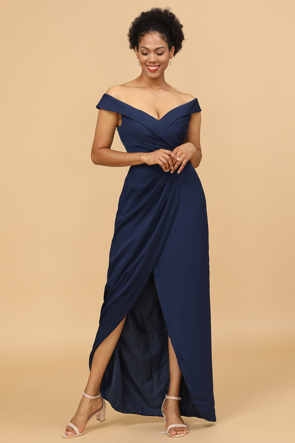 Navy Off The Shoulder Sheath Bridesmaid Dress