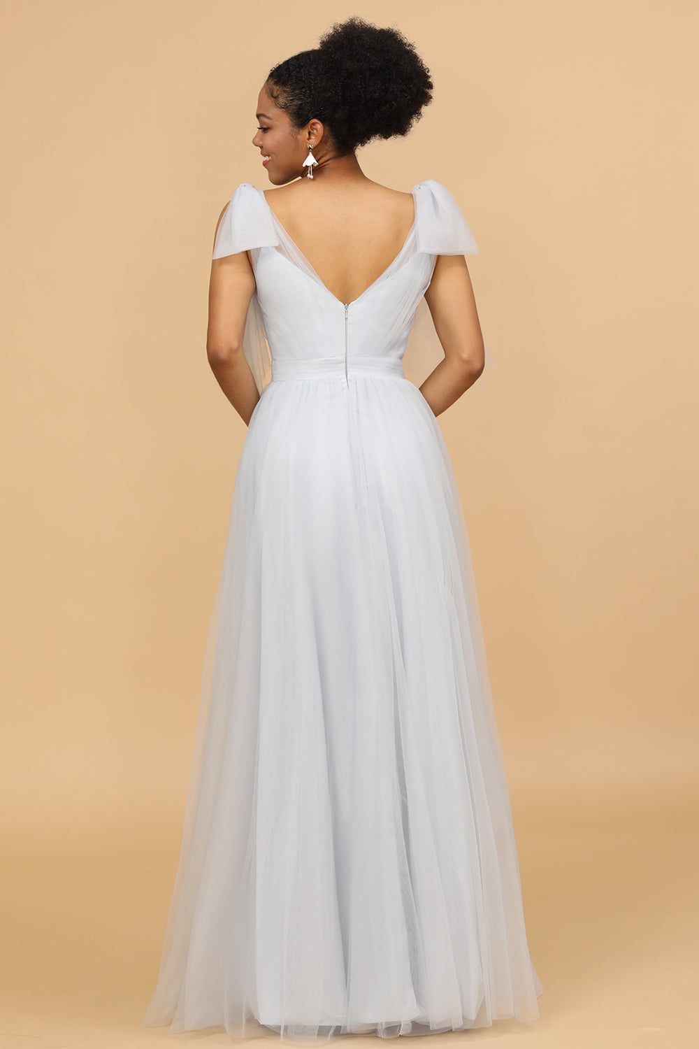 V-neck Grey Tulle Long Bridesmaid Dress