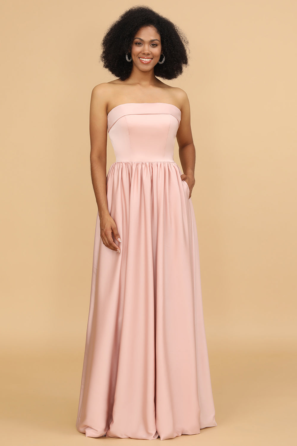 Off-the-Shoulder Floor-Length Satin Bridesmaid Dress With Pocket