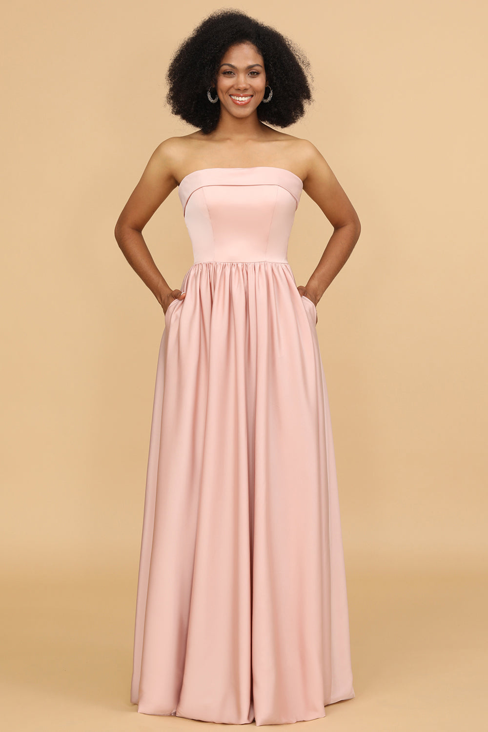 Off-the-Shoulder Floor-Length Satin Bridesmaid Dress With Pocket