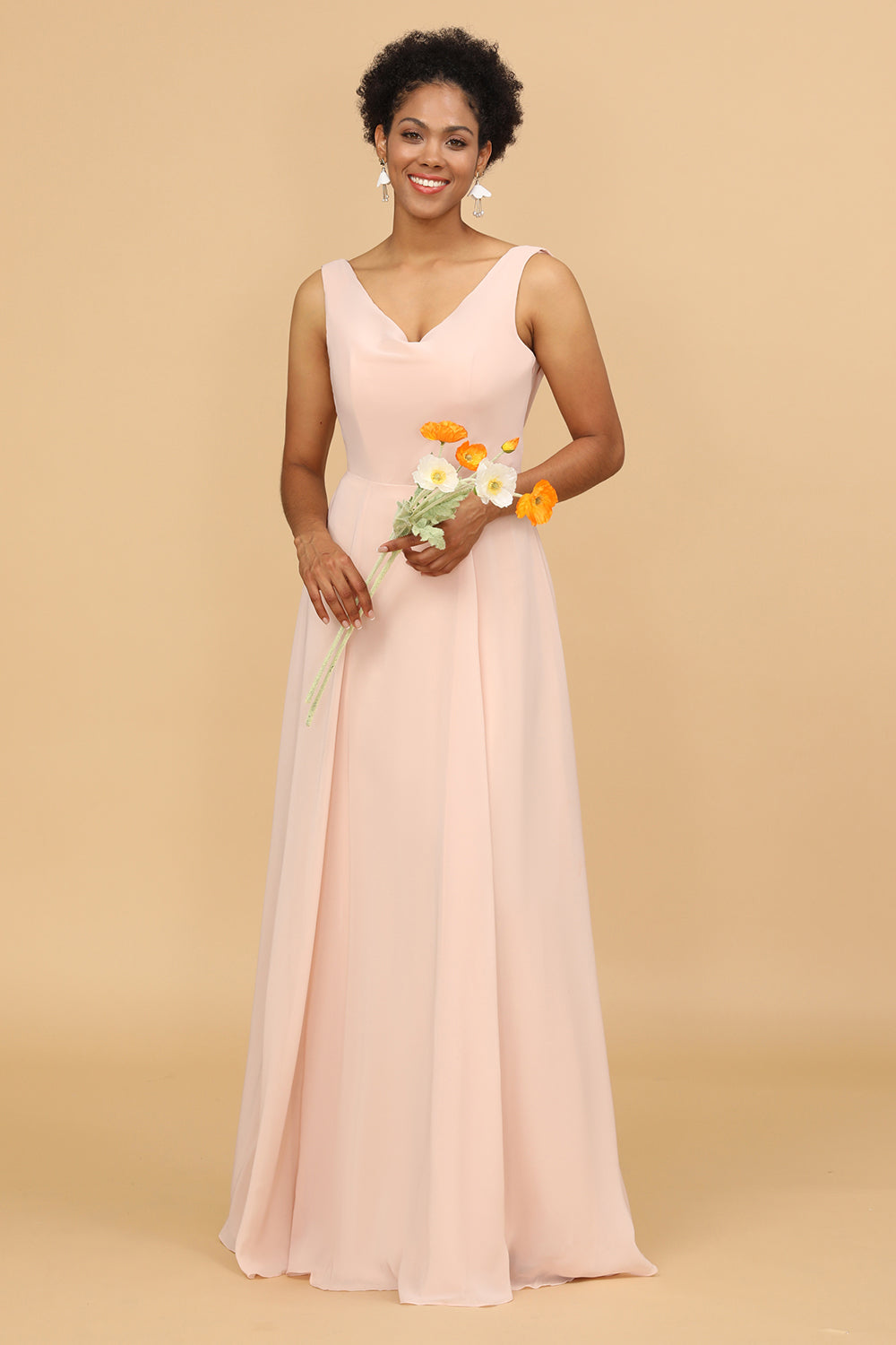 Blush V-neck Open Back Bridesmaid Dress