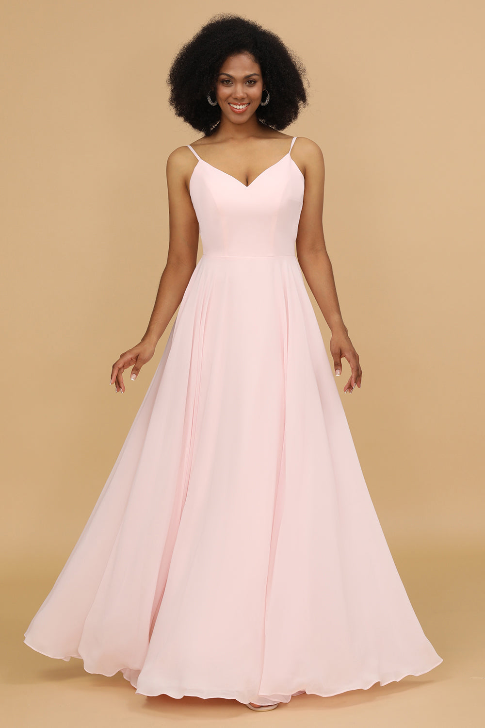 A Line Spaghetti Straps Pink Chiffon Long Bridesmaid Dress