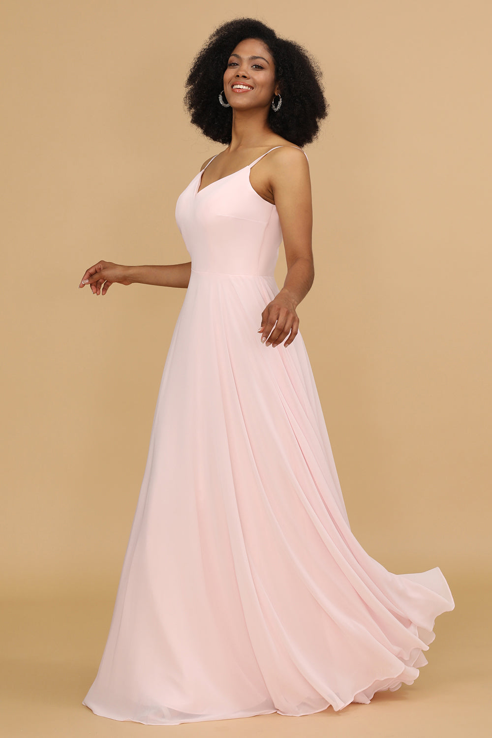 Pink  V-neck Spaghetti Straps Bridesmaid Dress