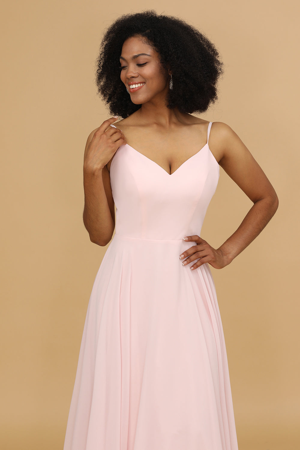 Pink  V-neck Spaghetti Straps Bridesmaid Dress