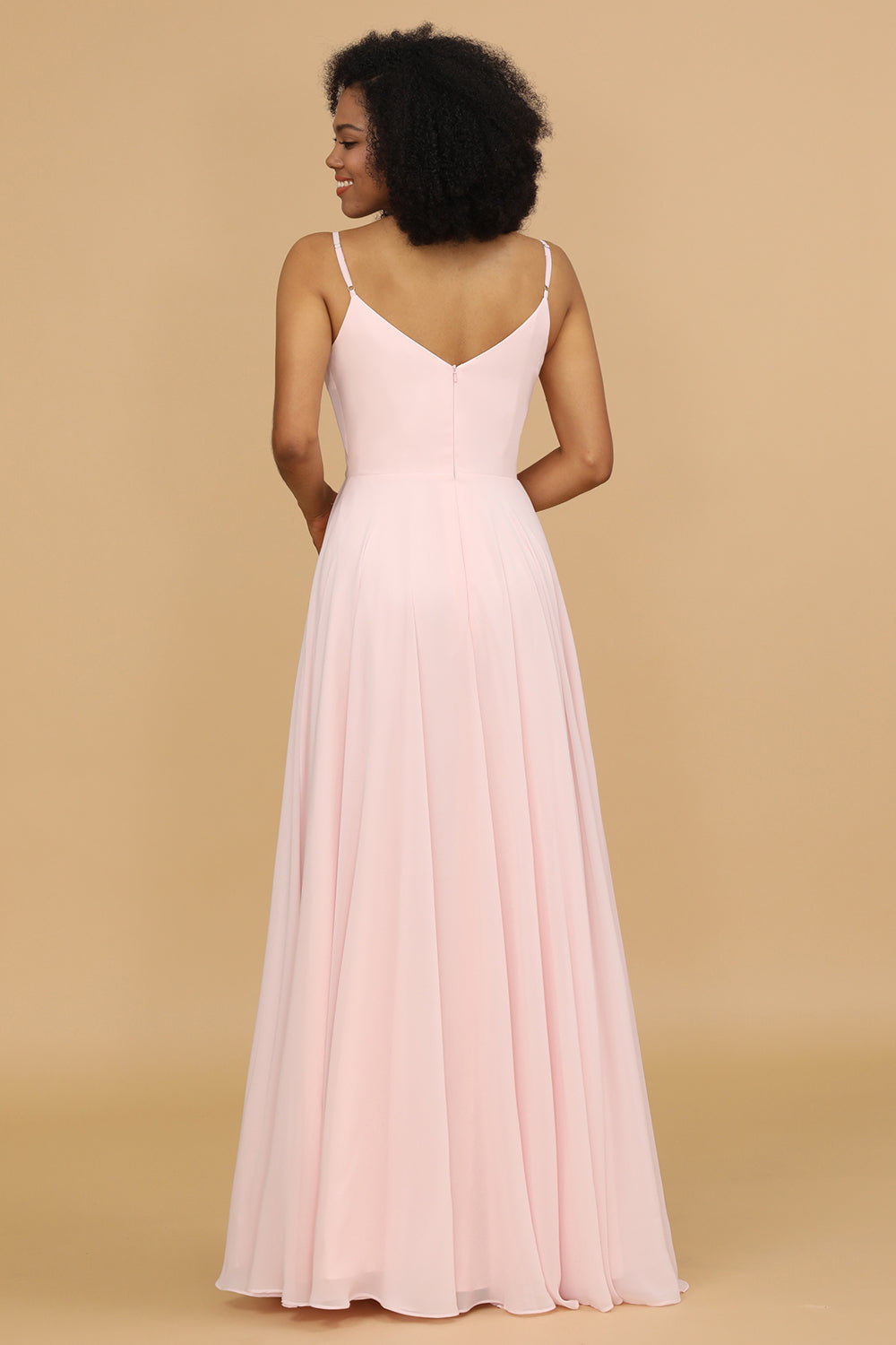 Pink  V-neck Spaghetti Straps Bridesmaid Dress