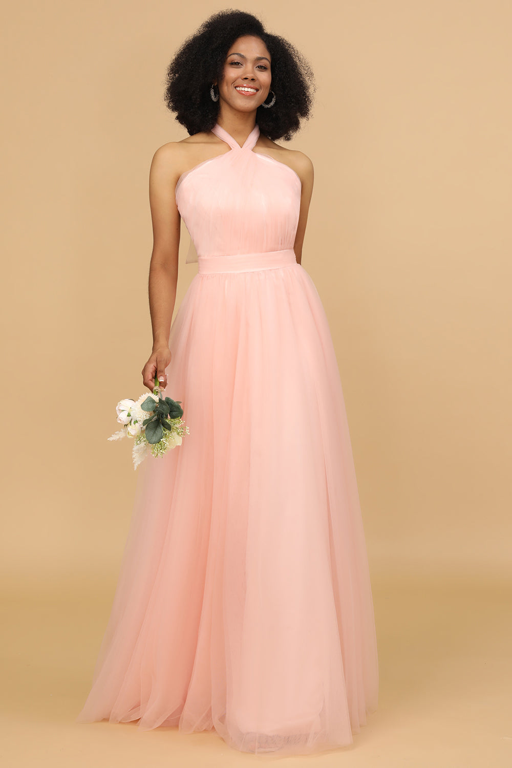 Blush Halter Tulle Long Bridesmaid Dress