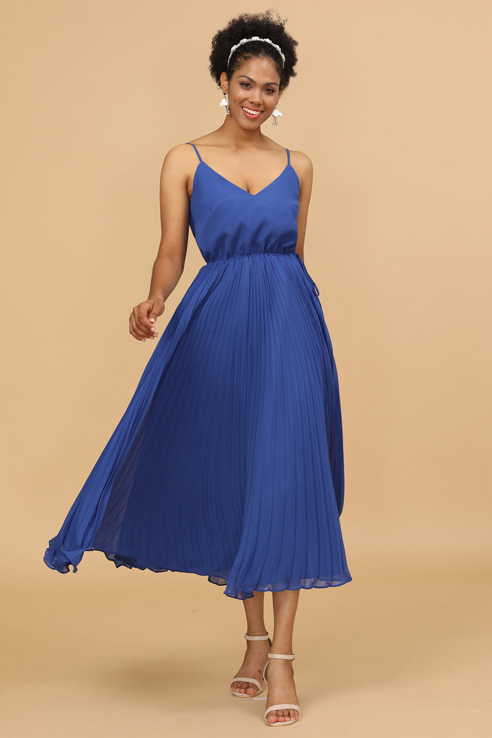 Royal Blue Tea-Length Chiffon Bridesmaid Dress With Pleated