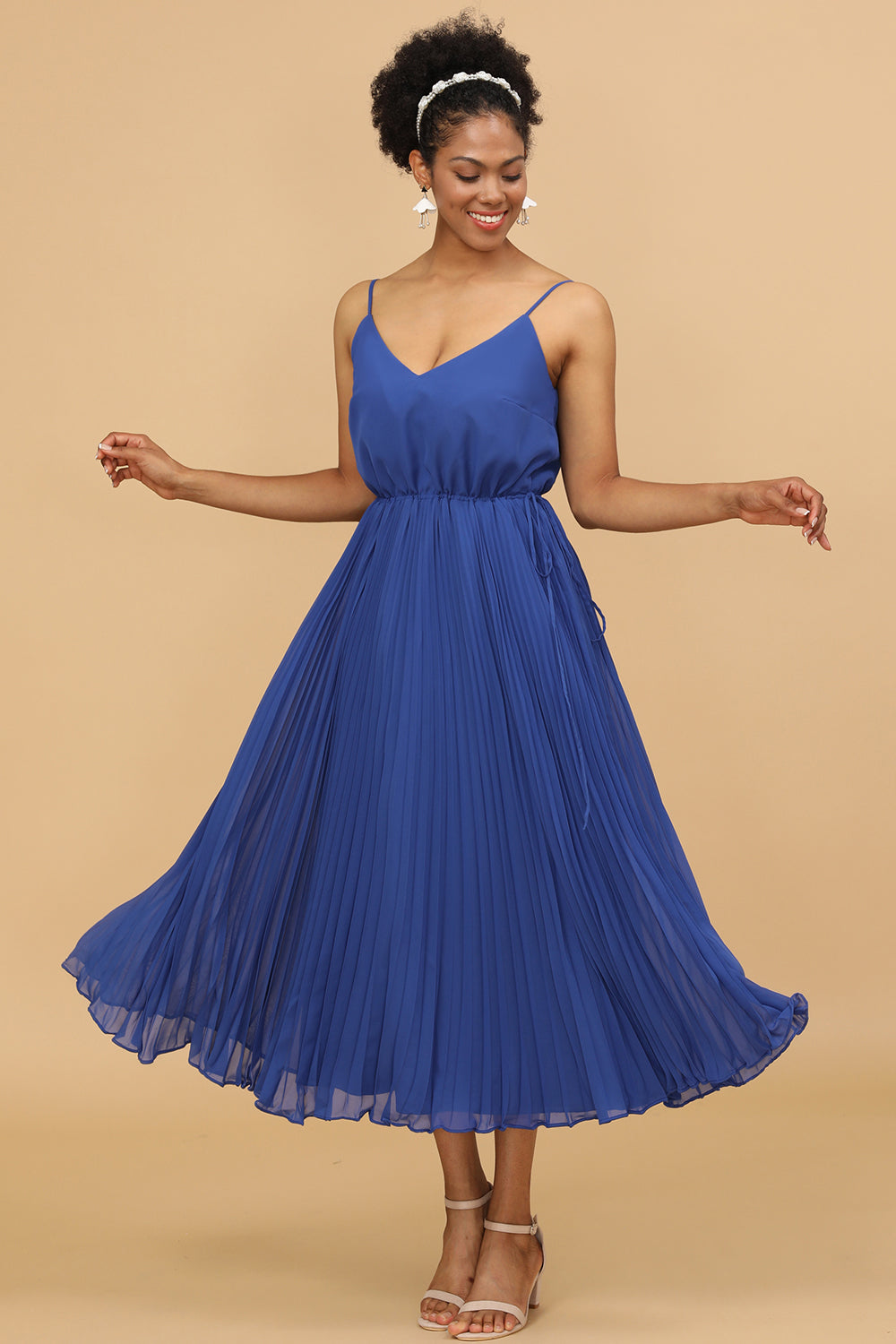 Royal Blue Tea-Length Chiffon Bridesmaid Dress With Pleated