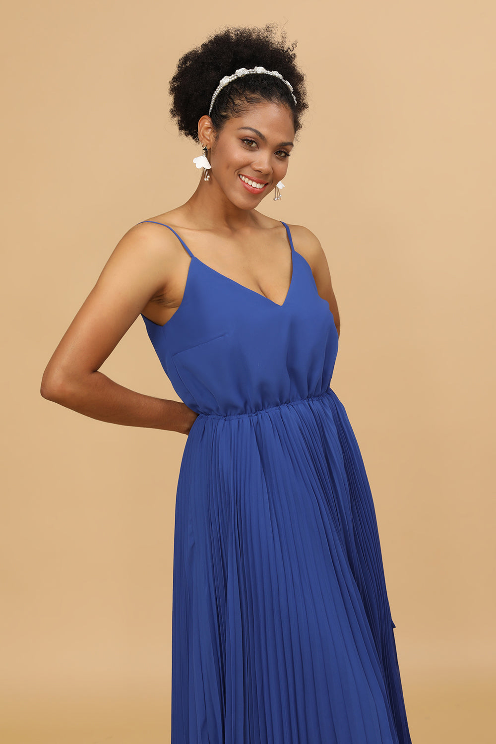 Royal Blue Tea-Length Chiffon Bridesmaid Dress With Pleated