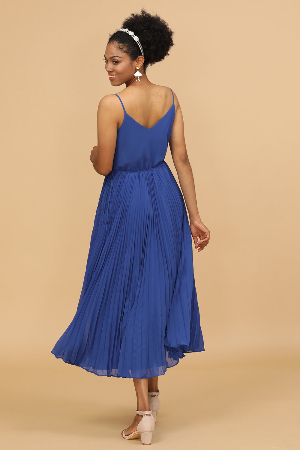 Royal Blue Tea-Length Chiffon Bridesmaid Dress With Pleated