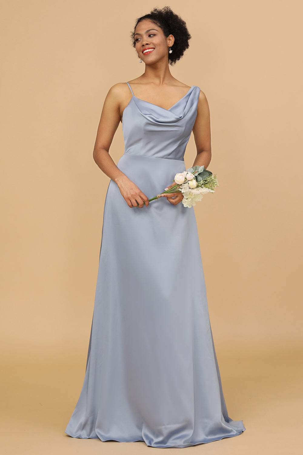 Grey Blue Cowl Neck Floor-Length Satin Bridesmaid Dress