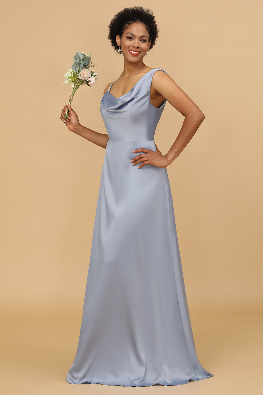 Grey Blue Cowl Neck Floor-Length Satin Bridesmaid Dress