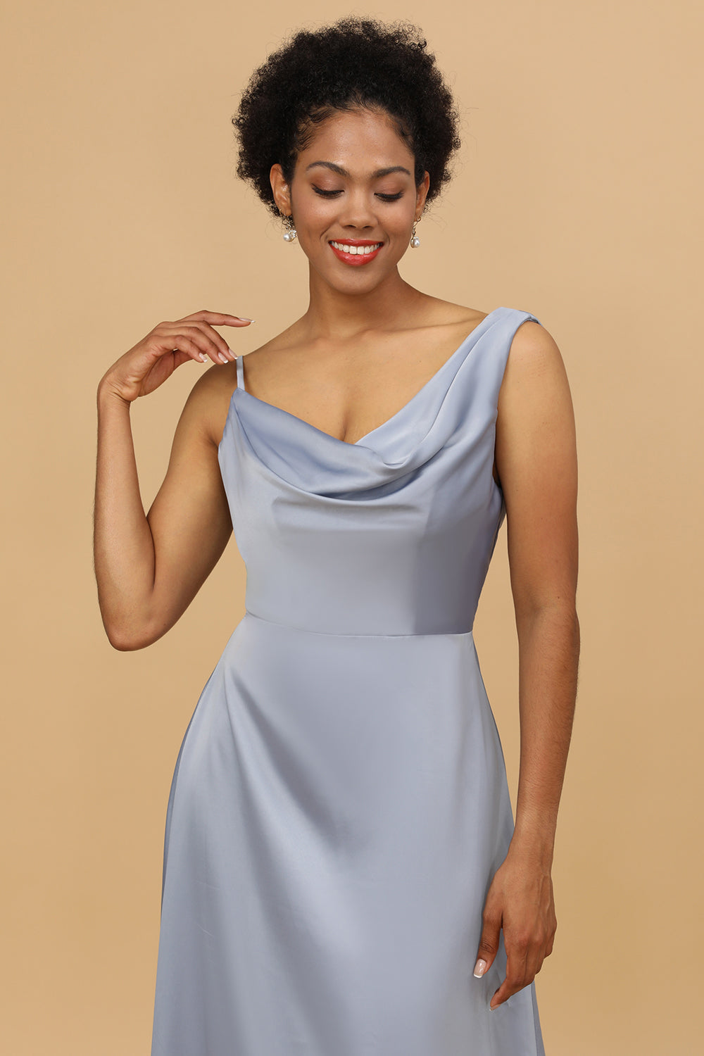 Grey Blue Cowl Neck Floor-Length Satin Bridesmaid Dress