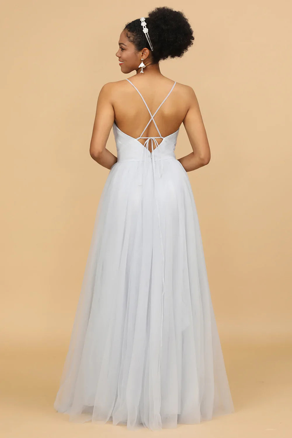 Grey Spaghetti Straps Tulle A-Line Bridesmaid Dress