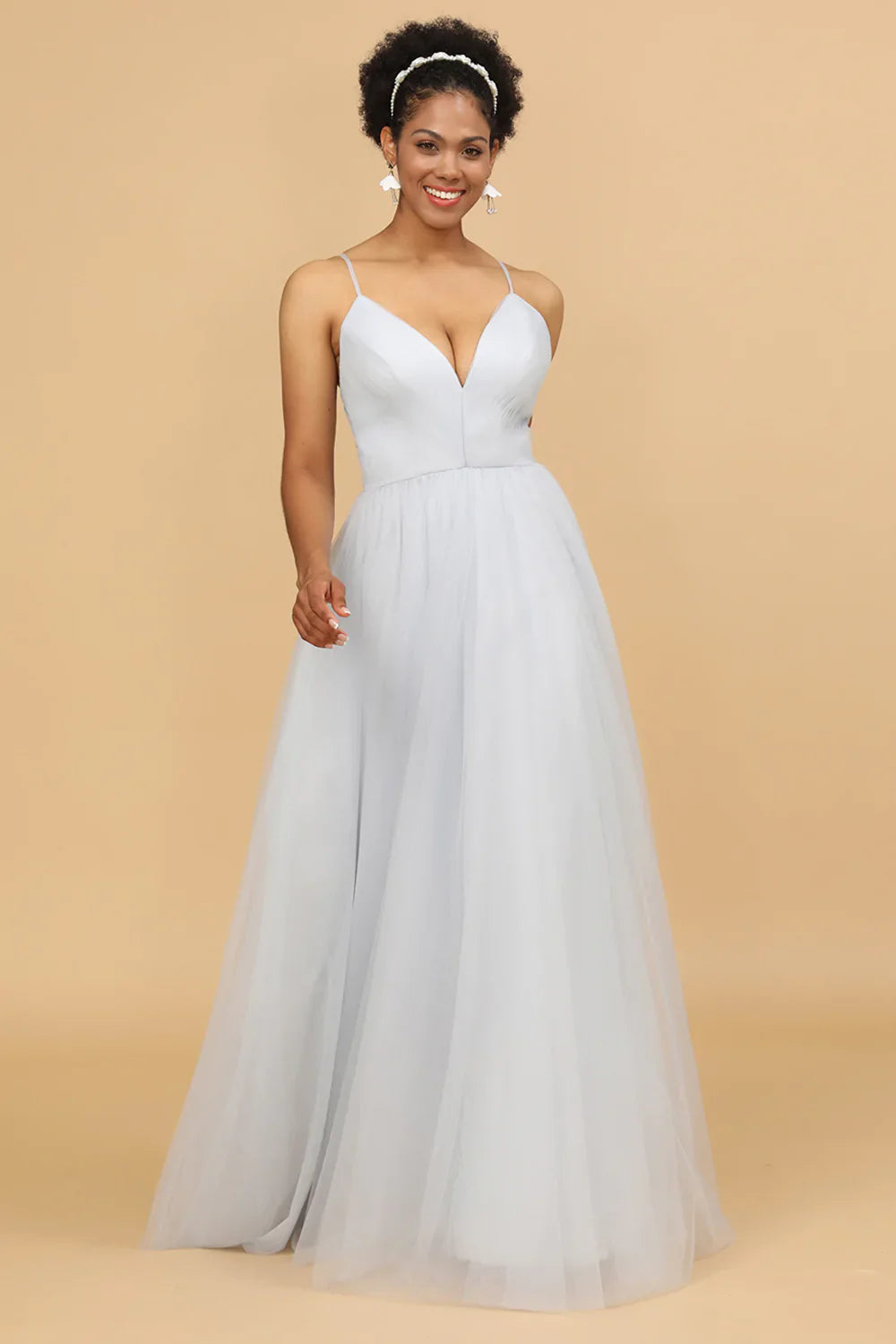 Grey Spaghetti Straps Tulle A-Line Bridesmaid Dress