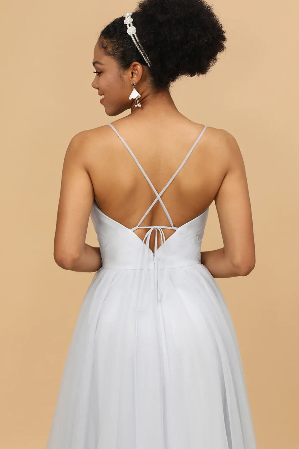 Grey Spaghetti Straps Tulle A-Line Bridesmaid Dress