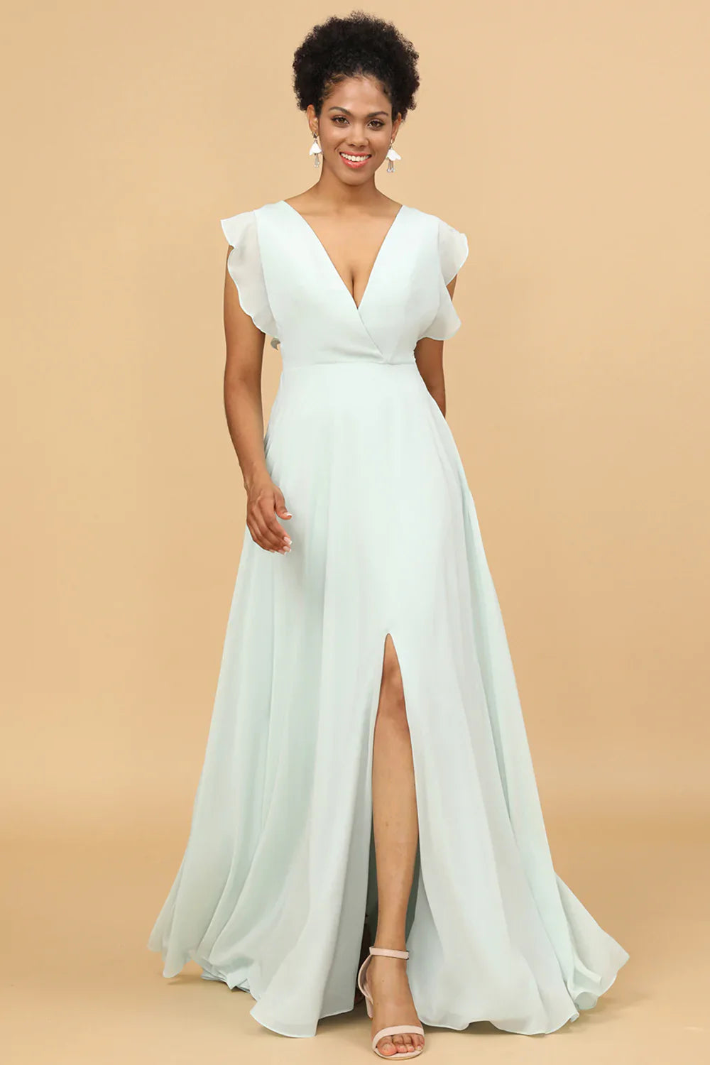 Mint Chiffon V-Neck A-Line Bridesmaid Dress