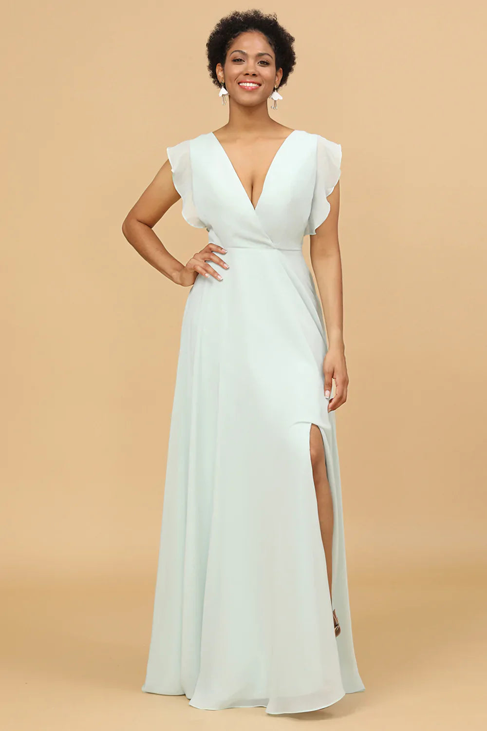 Mint Chiffon V-Neck A-Line Bridesmaid Dress