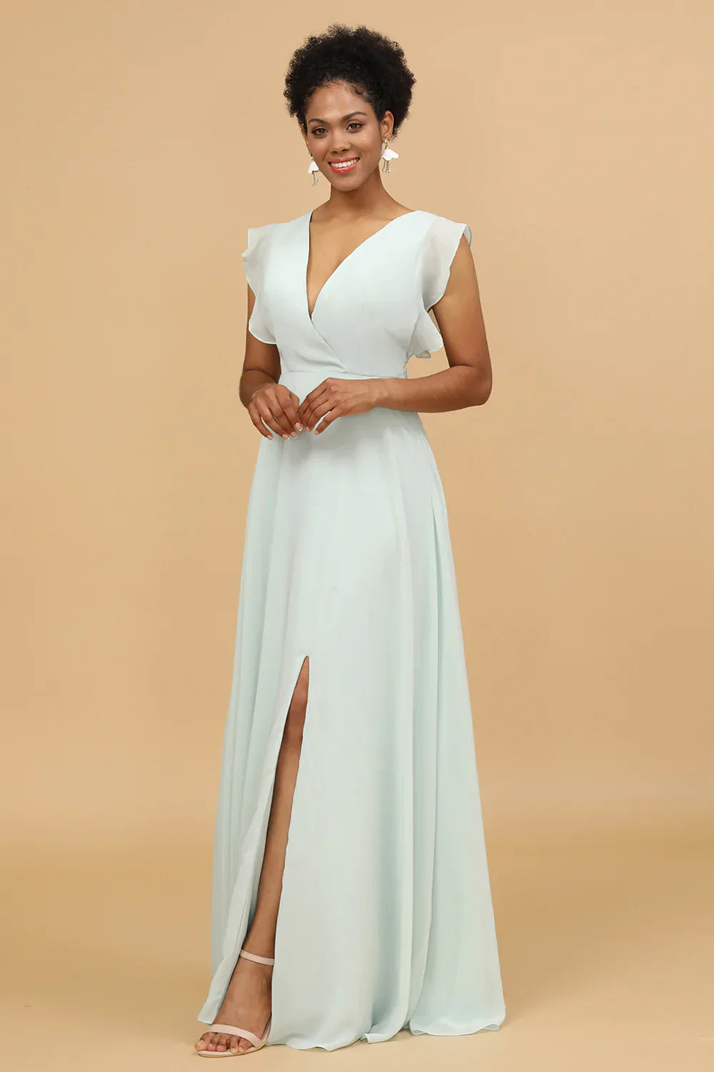 Mint Chiffon V-Neck A-Line Bridesmaid Dress