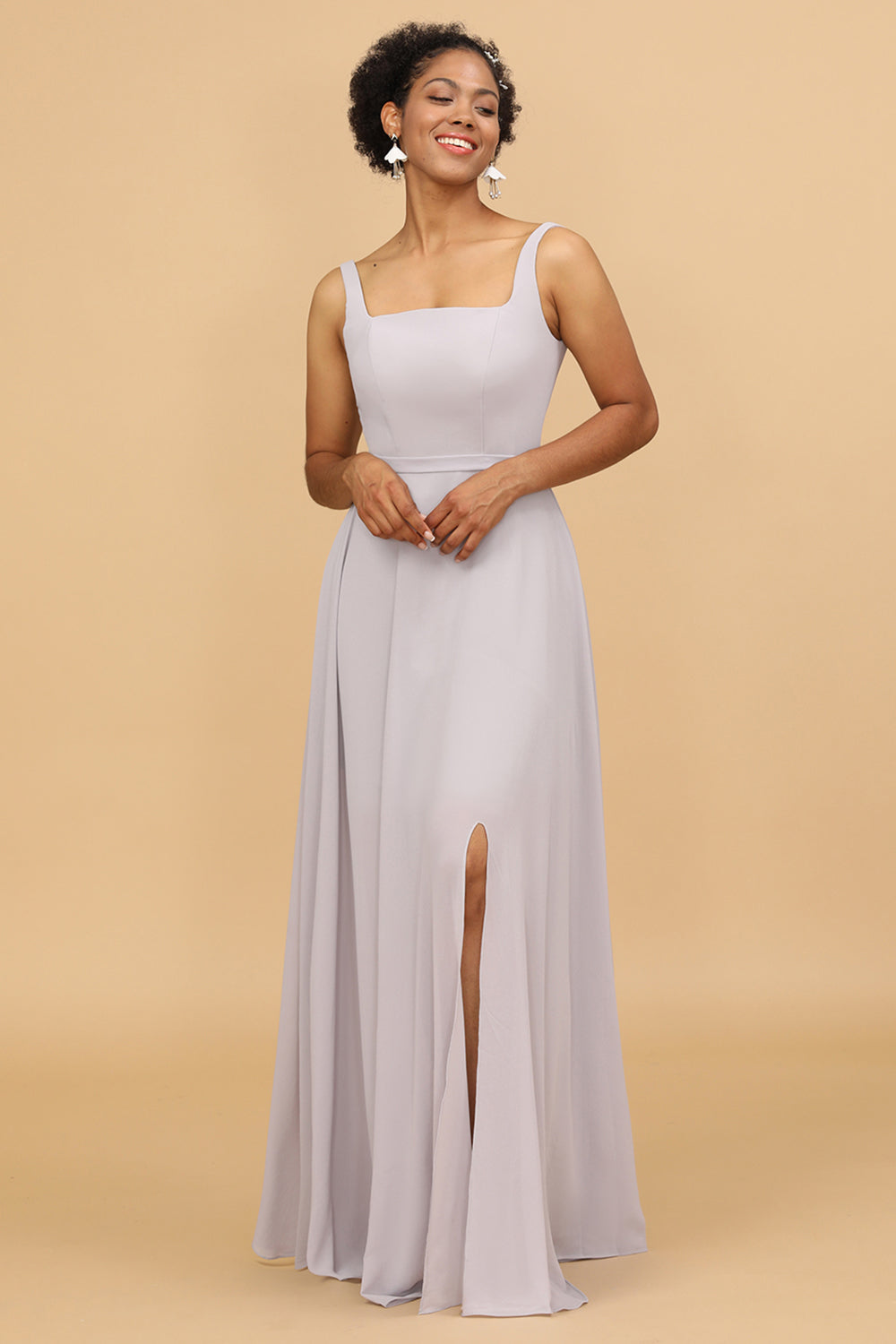 Grey Square Neck Chiffon Bridesmaid Dress