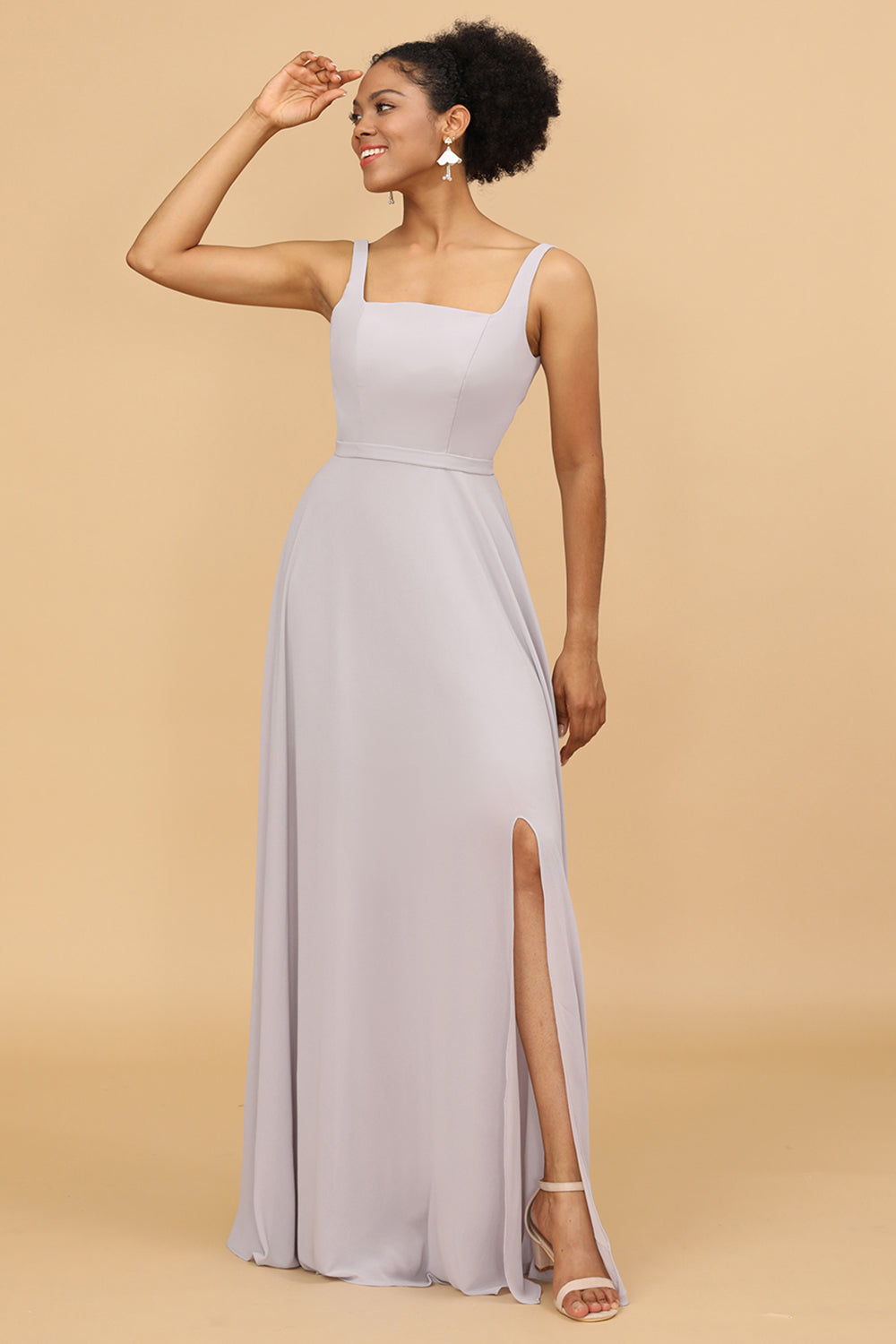 Grey Square Neck Chiffon Bridesmaid Dress