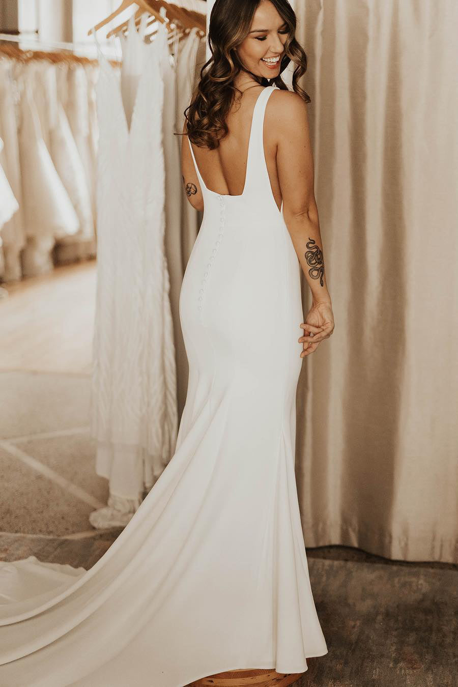 Miley | Long Square Neck Mermaid White Wedding Dress