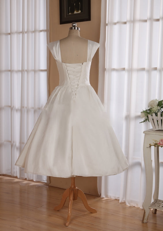 Straps Sleeveless Lace-Up Back Tea-Length Satin Wedding Dress