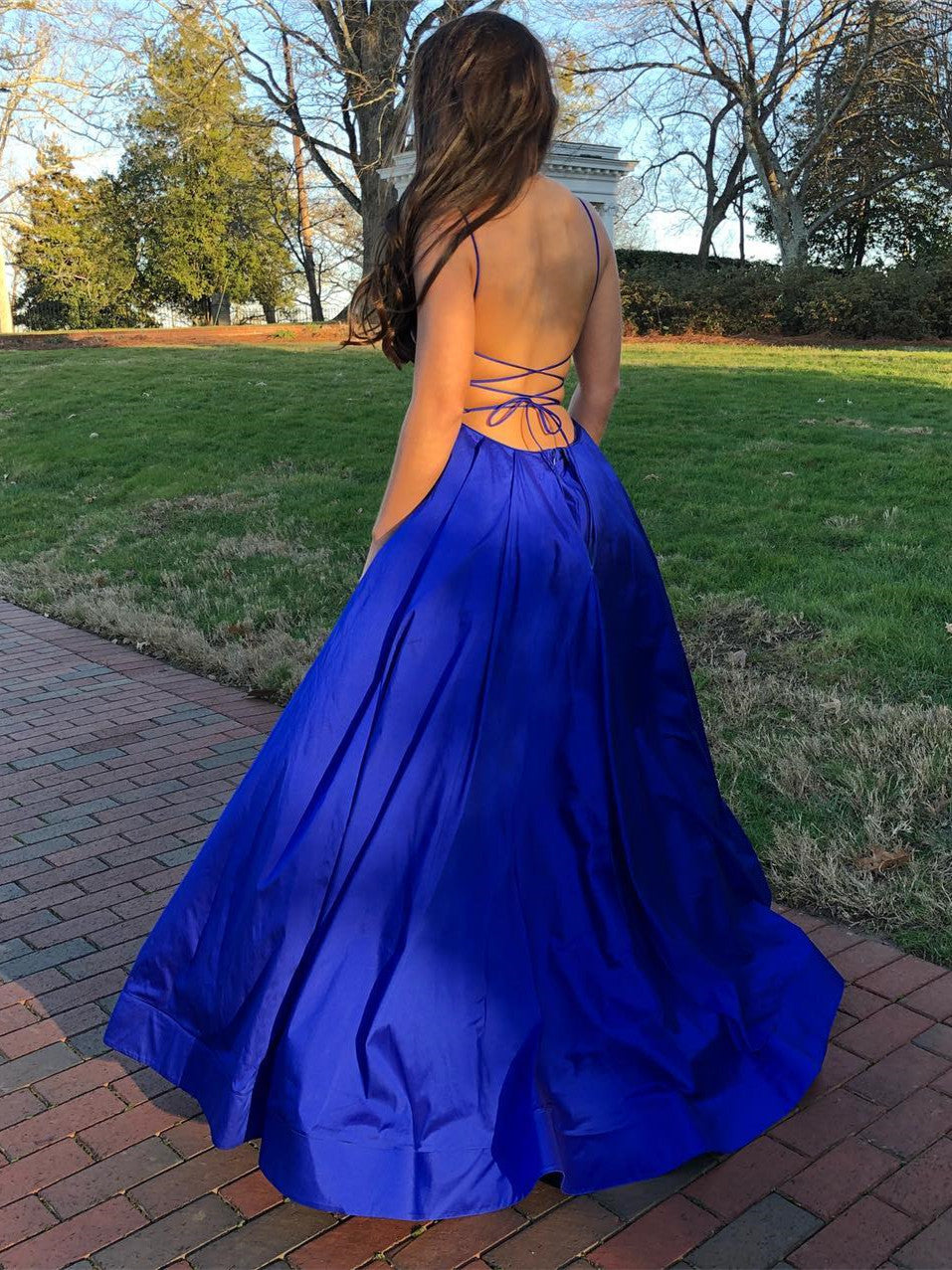 Gorgeous Satin Spaghetti Straps Ball Gown Prom Dresses