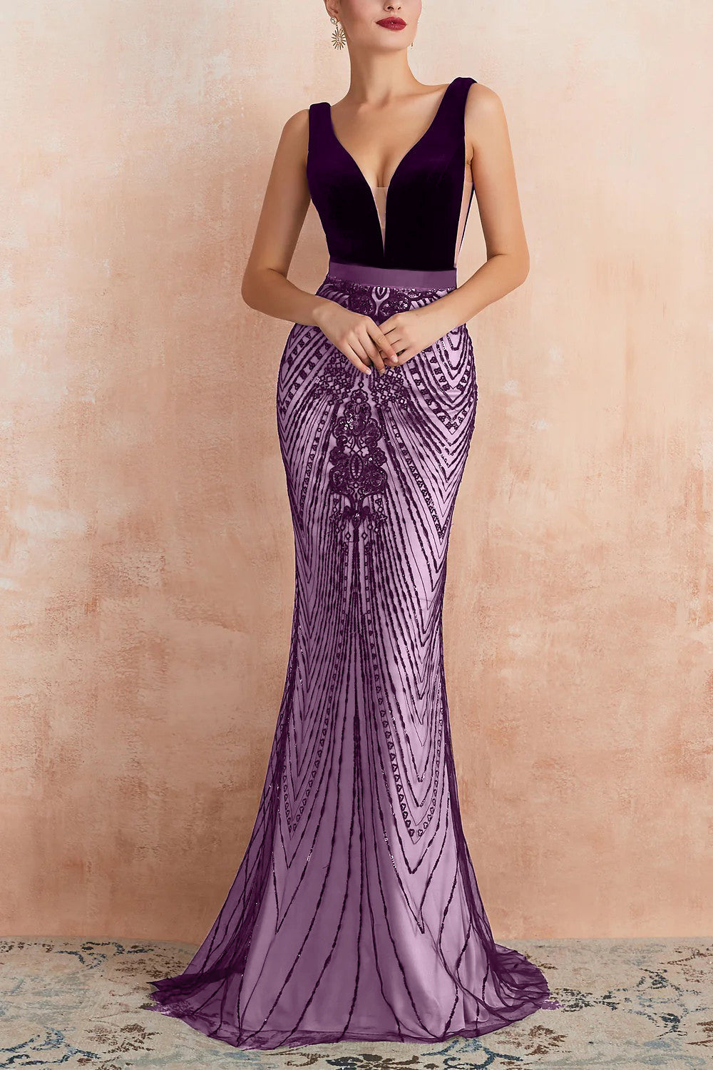 Glitter Mermaid V Neck Sequins Black Backless Long Prom Dress