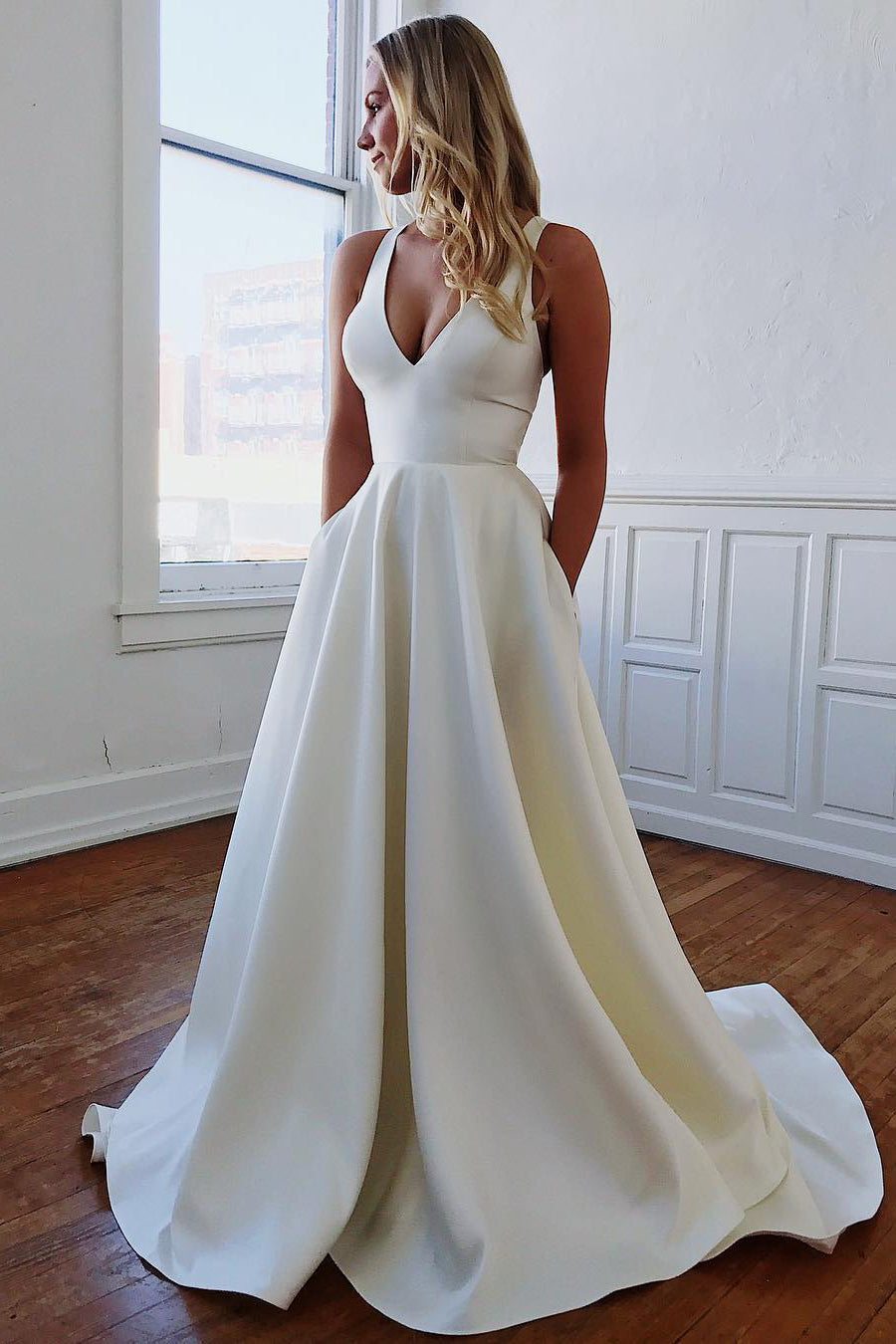 Kendra | A-Line V-Neck White Long Wedding Dress with Bow-Knot