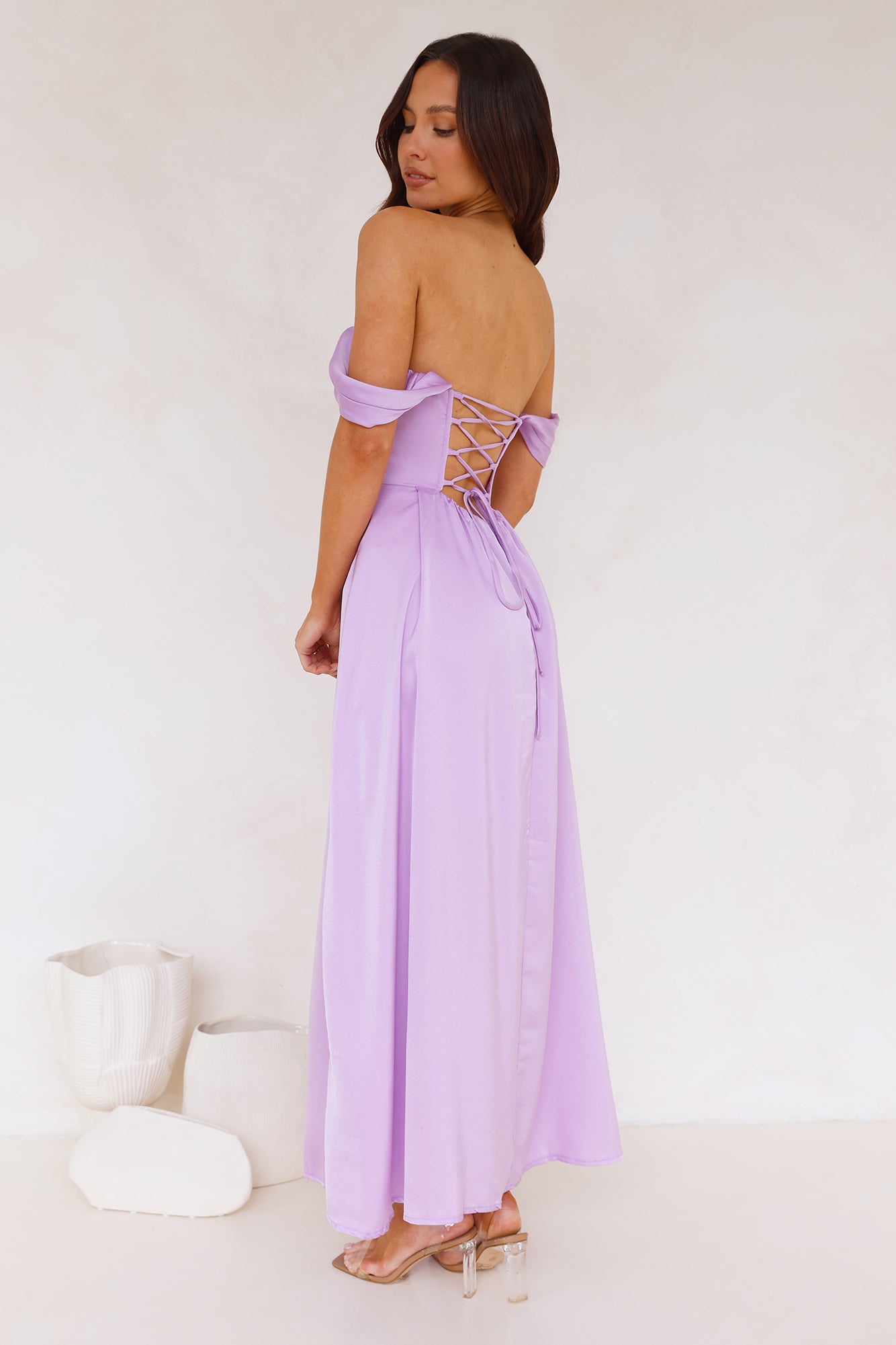 Golden Affair Off Shoulder Satin Maxi Dress Lilac