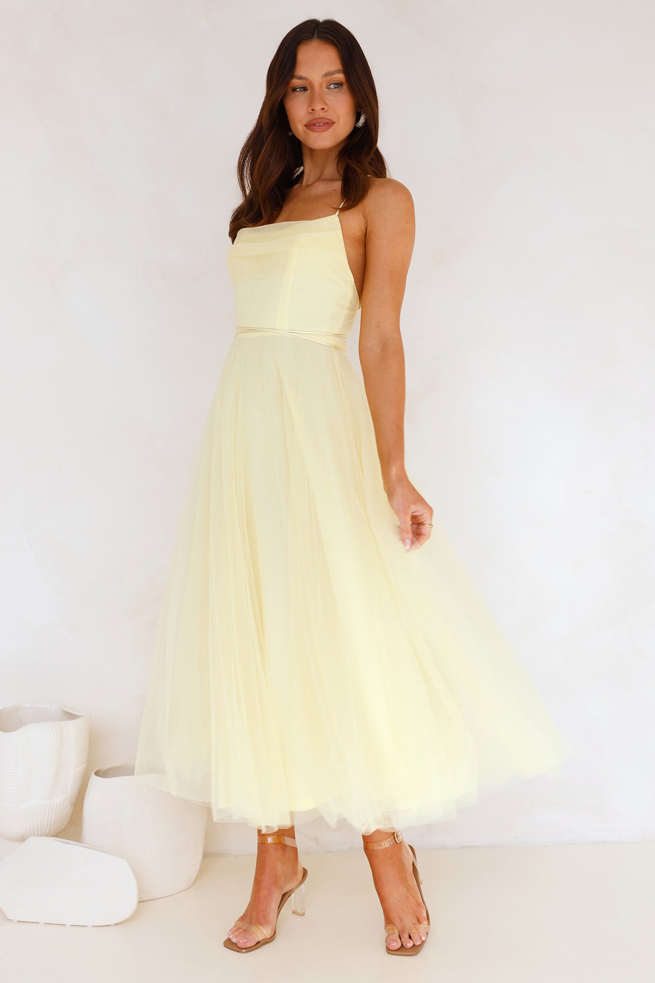 Signal My Way Tulle Midi Dress Yellow