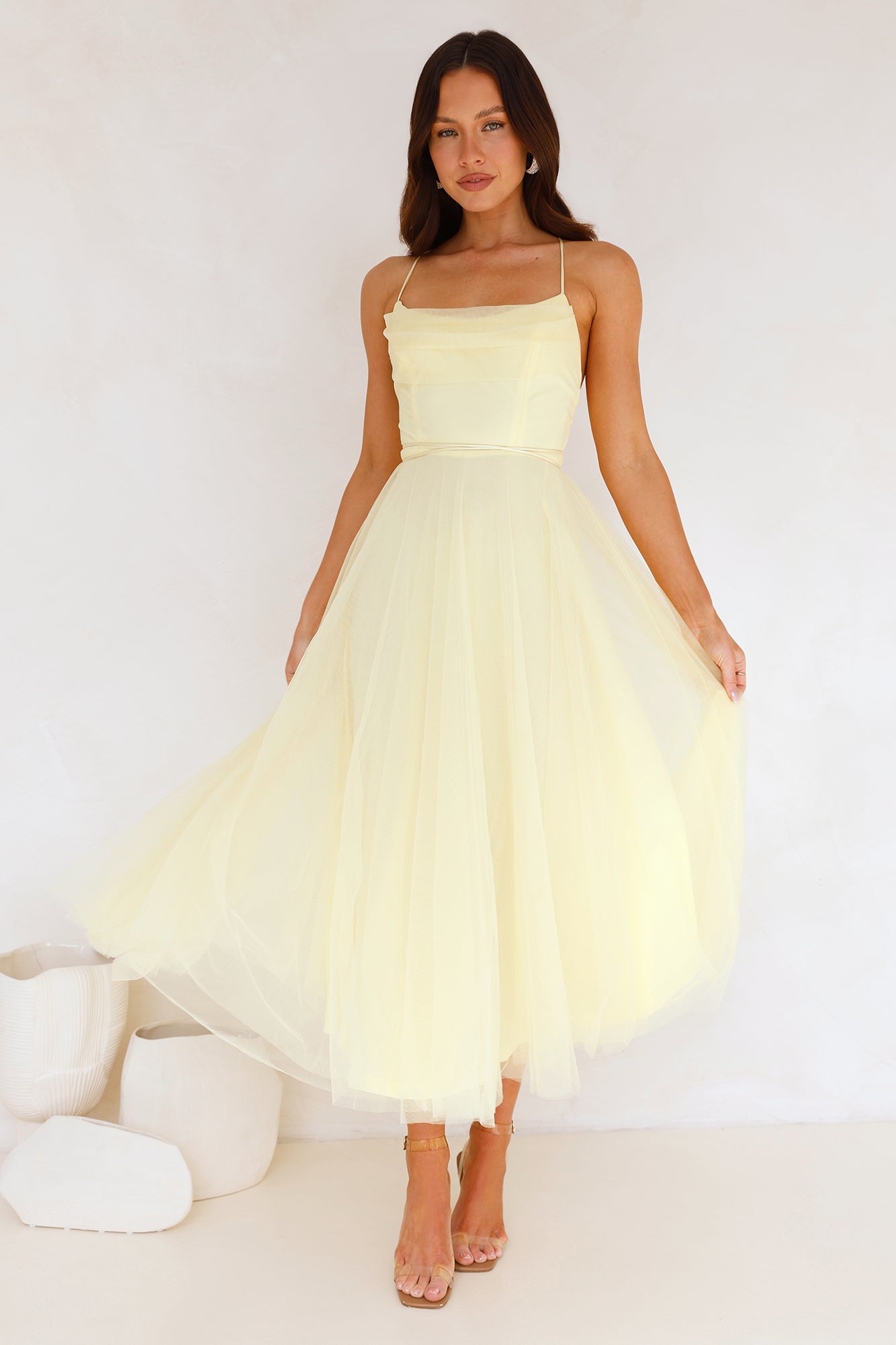 Signal My Way Tulle Midi Dress Yellow