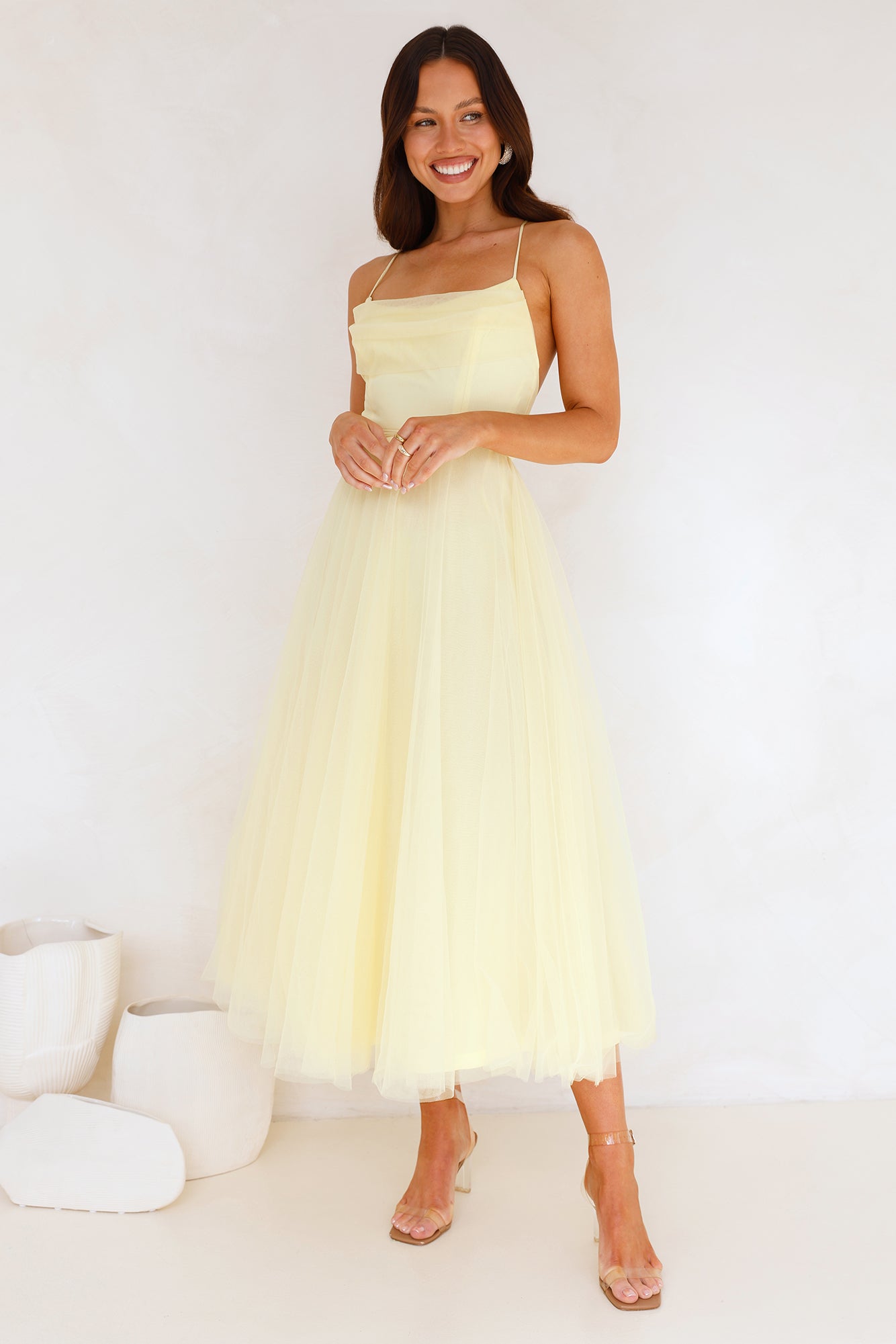 Signal My Way Tulle Midi Dress Yellow