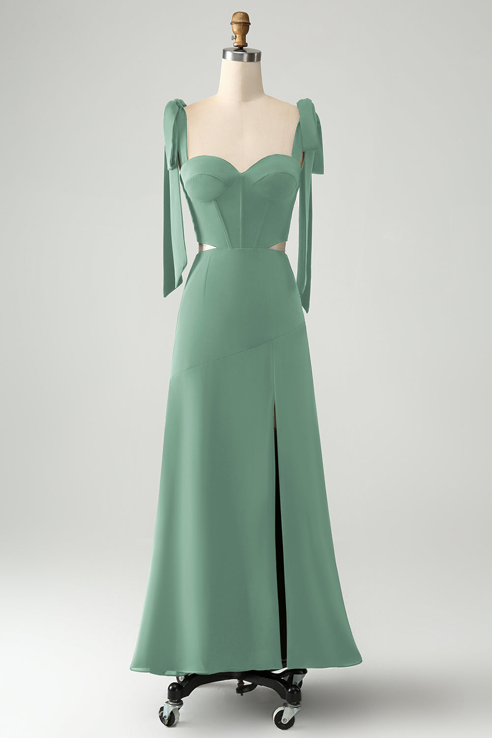 Olive  A Line Spaghetti Straps Floor Length Wedding Guest Dress with Slit