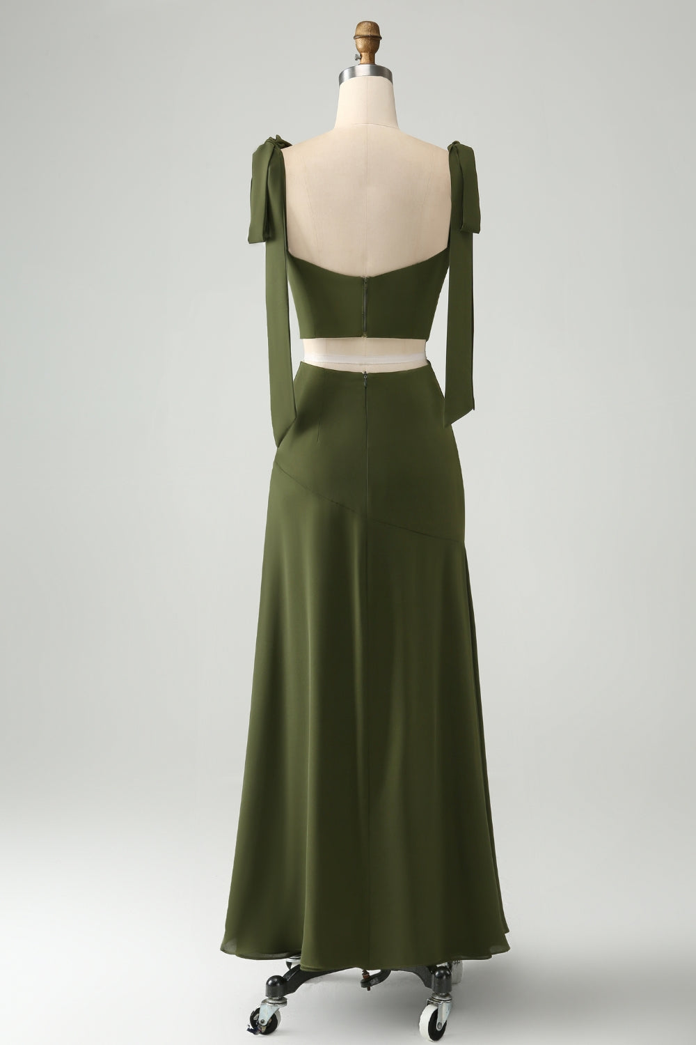 Olive  A Line Spaghetti Straps Floor Length Wedding Guest Dress with Slit