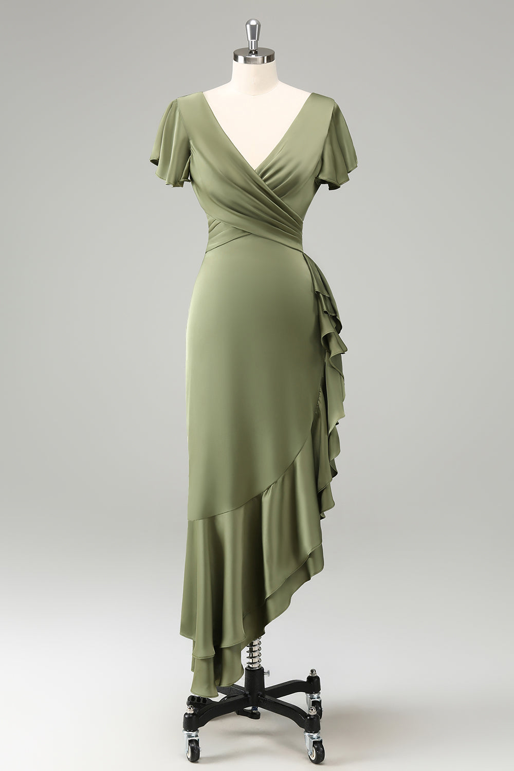 Olive V Neck Satin Sheath Wedding Guest Dress with Ruffles