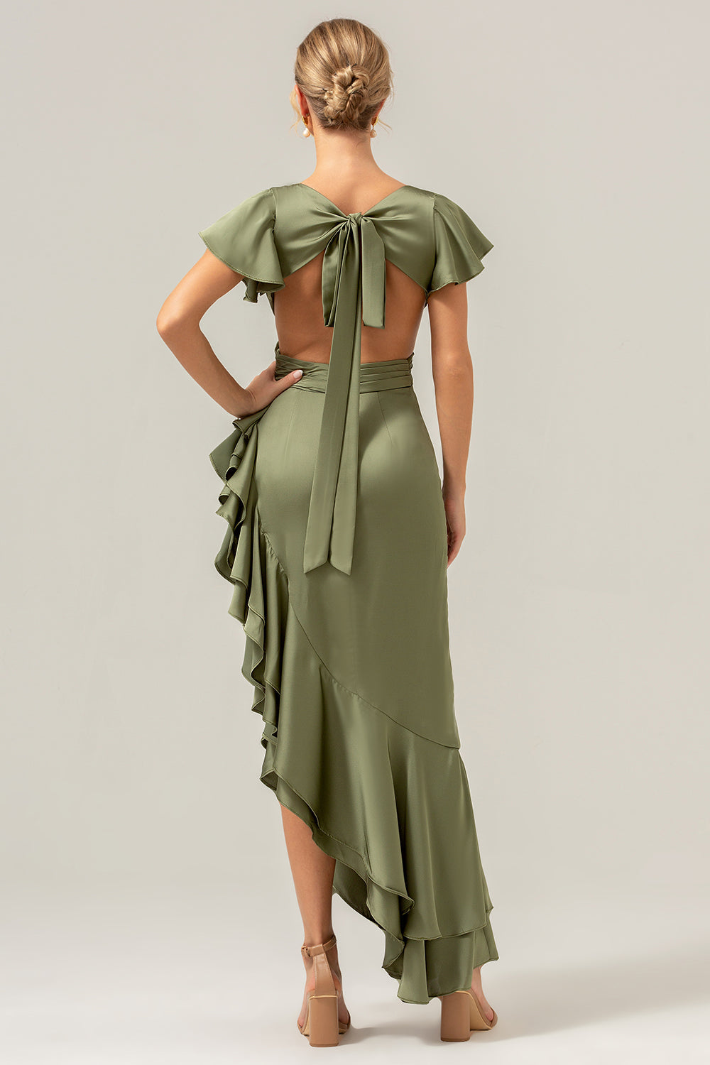 Olive A Line V Neck Satin Asymmetrical Bridesmaid Dress with Ruffle Slit