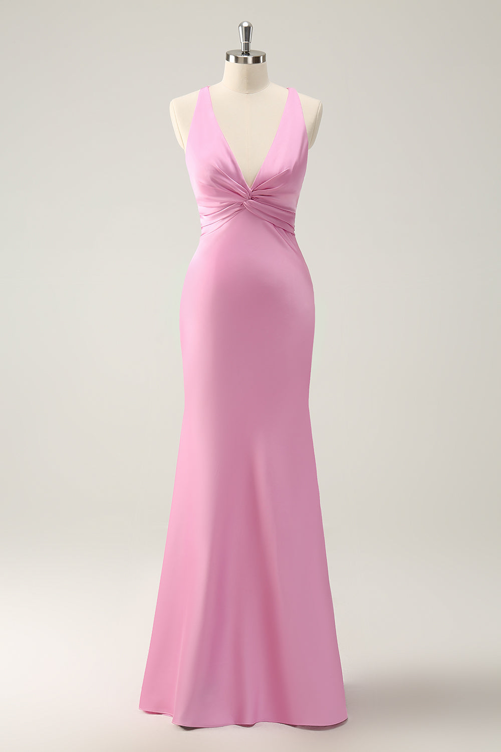 Pink V-Neck Mermaid Satin Long Bridesmaid Dress