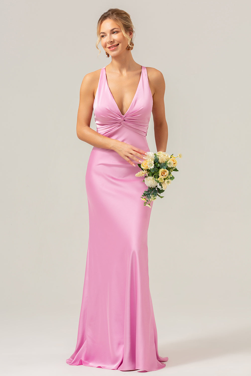 Pink V-Neck Mermaid Satin Long Bridesmaid Dress